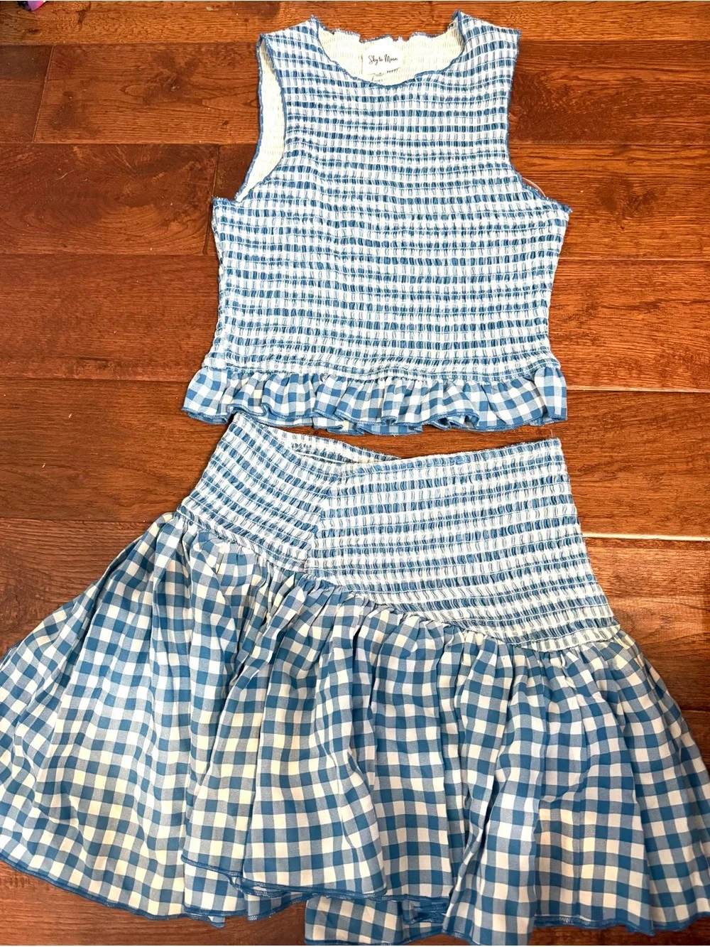 Blue Gingham Smocked Tank and Skirt Set - junior women size small